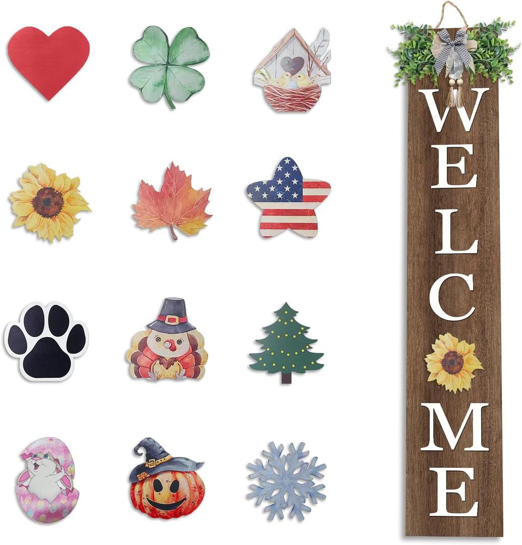 Interchangeable Outdoor Welcome Sign for Front Porch Standing 47"8" Set of 3 Large Wood Frame with 12 Pcs Icons Vertical Tall Leaner Outside Welcome Sign for Front Door Decor (Wood) (45"L x 9"W)