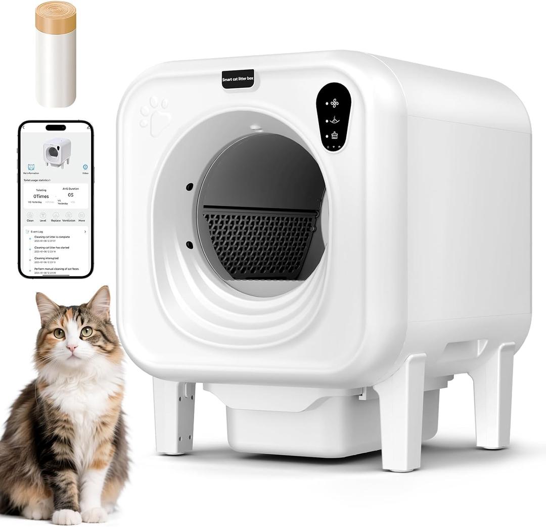 Self Cleaning Litter Box, Extra Large Automatic Cat Litter Box Self Cleaning for Multiple Cats, App Control, Safety Protection, Ultra-Quiet,Includes Trash Bags,White