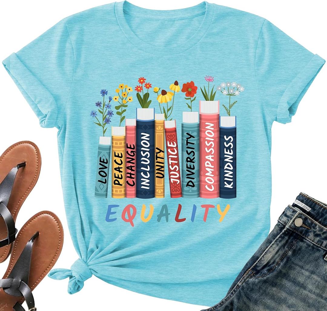 Read Book Shirt for Women-Reading Teacher Tee Tops Pink Flower and Butterfly Short Sleeve Cute Book Shirt