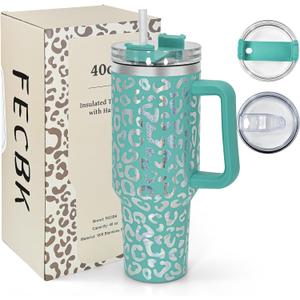 40 oz Tumbler with Handle and Straw, 100% Leak-Proof Travel Mug, Stainless Steel Double Wall Vacuum Insulated Coffee Cup Keeps Cold For 34 Hours, Dishwasher Safe, Green Leopard