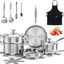 Stainless Steel Cookware Set, 16-Piece Pots and Pans Set Non Toxic, Kitchen Induction Cookware with Glass Lids, Steamer, Utensil Sets, Pot Protectors & Apron, Oven & Dishwasher Safe, Silver