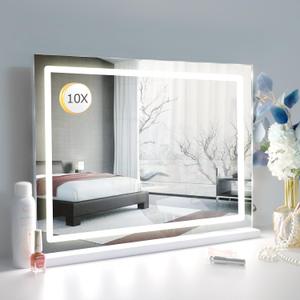 Makeup Vanity Mirror with Lights, 31.5"x 23.6" Large LED Lighted Mirror with 10X Magnification and USB Charging Port, Smart Touch 3 Colors Dimmable, Touch Control for Bedroom, White