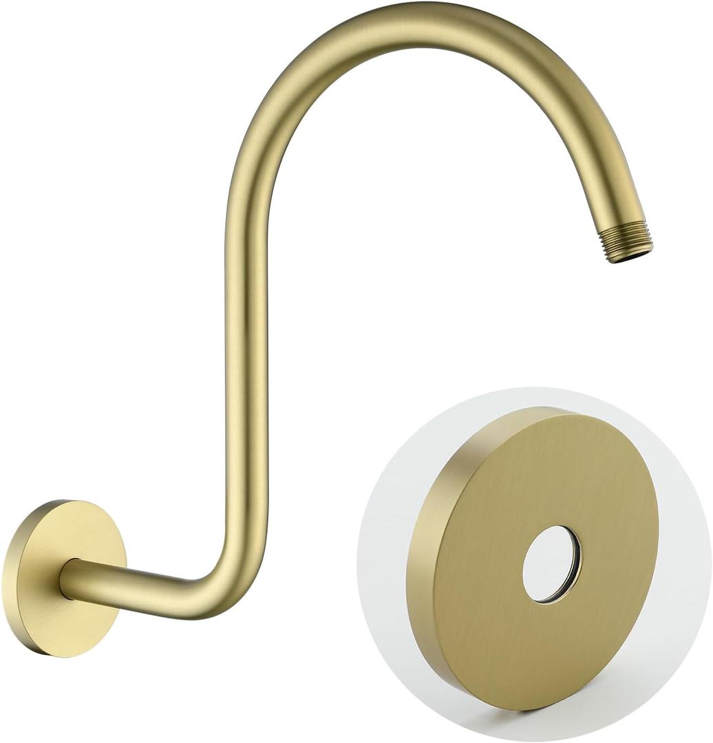 RANDOM S Shaped Shower Head Riser Pipe,Goose Neck Shower Arm 13 Inch Shower Head Extension Arm with Flange,Standard 1/2" Connection,Brushed Gold.RD-91098-13BG