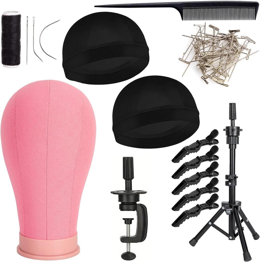 Mannequin Canvas Head, Professional Mannequin Canvas Head with Stand for Making Display, Cork Canvas Block Head with Adjustable Wig Head Stand for Hair Styling Practice Display (22 INCH, Pink)