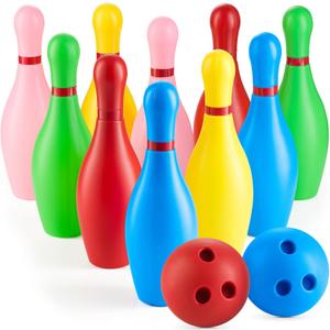 Kids Bowling Set - 10 Colorful Plastic Pins & 2 Lightweight Bowling Balls - Family Fun Indoor & Outdoor Toddler Bowling Set Game for Boys & Girls, Educational & Active Play Toy, Birthday Gift Ages 3+