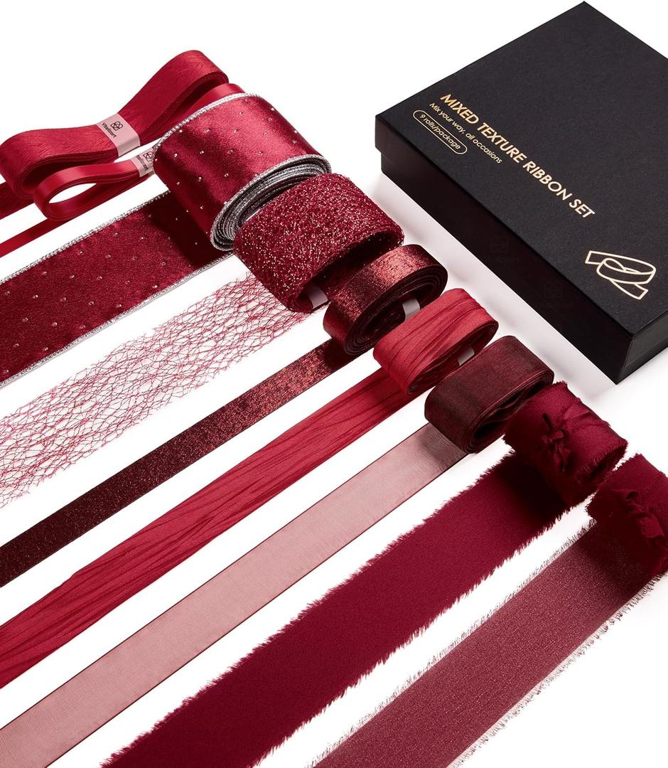 Vitalizart Luxury Red Ribbon 40 Yards, 9 Textures & Sizes Chiffon, Satin, Organza, Grosgrain Gift-Wrapping, Crafts, Wedding Bouquets, Christmas & Holiday Bows