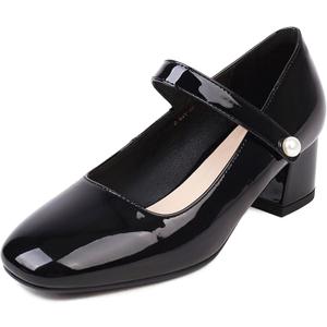 Naiyee Mary Jane Shoes Women Chunky Heel Ankle Strap Dress Shoes for Women Low Heels Close Rounded Toe Pumps (8, Black Patent)