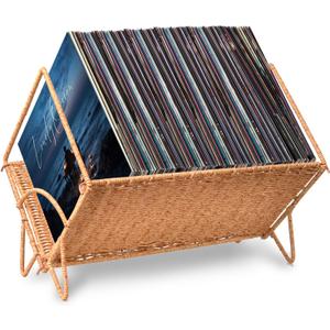 Demine Vinyl Record Storage Holder for 80 LPs, Stylish Woven Record Storage Rack, Multifunctional Vinyl Display Organizer for Album, Books, Magazines & Files, Caramel 