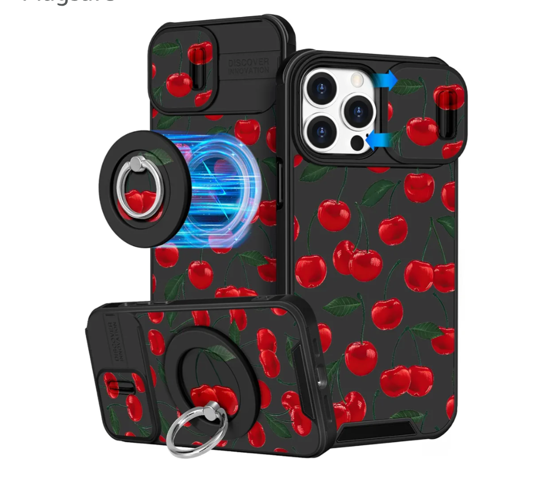 Buleens for iPhone 13 Pro Max Case - with Ring Stand & Camera Cover Cute Designed for Women Girls Kawaii Cherry for Phone Case for iPhone 13 Pro Max Compatible with Magsafe
