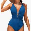 WDIRARA Women's Textured Deep V Neck One Piece Swimsuit Criss Cross Tie Backless Swimwear Blue M