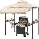 CHARMELEON 8x8 FT Grill Gazebo, Grill Canopy with Big Awning&2 Side Shelves&6 Hooks&Bottle Opener, Powder-Coated Steel BBQ Shelter for Patio Backyard Outdoor Grilling-Beige