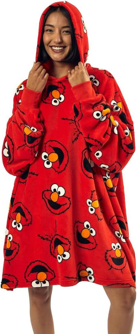 Sesame Street Elmo Character Heads All-Over Print Red Long Oversized Hoodie Wearable Blanket-OSFA