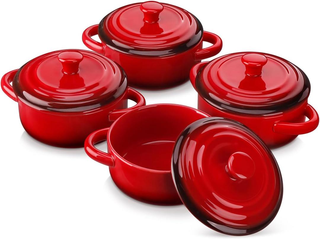 LOVECASA Mini Cocotte Set,12 OZ Small Casserole Dishes with Lids, Soup Bowls With Handles, Individual Baking Ramekins, Oven, Microwave & Dishwasher Safe, Set of 4, Red