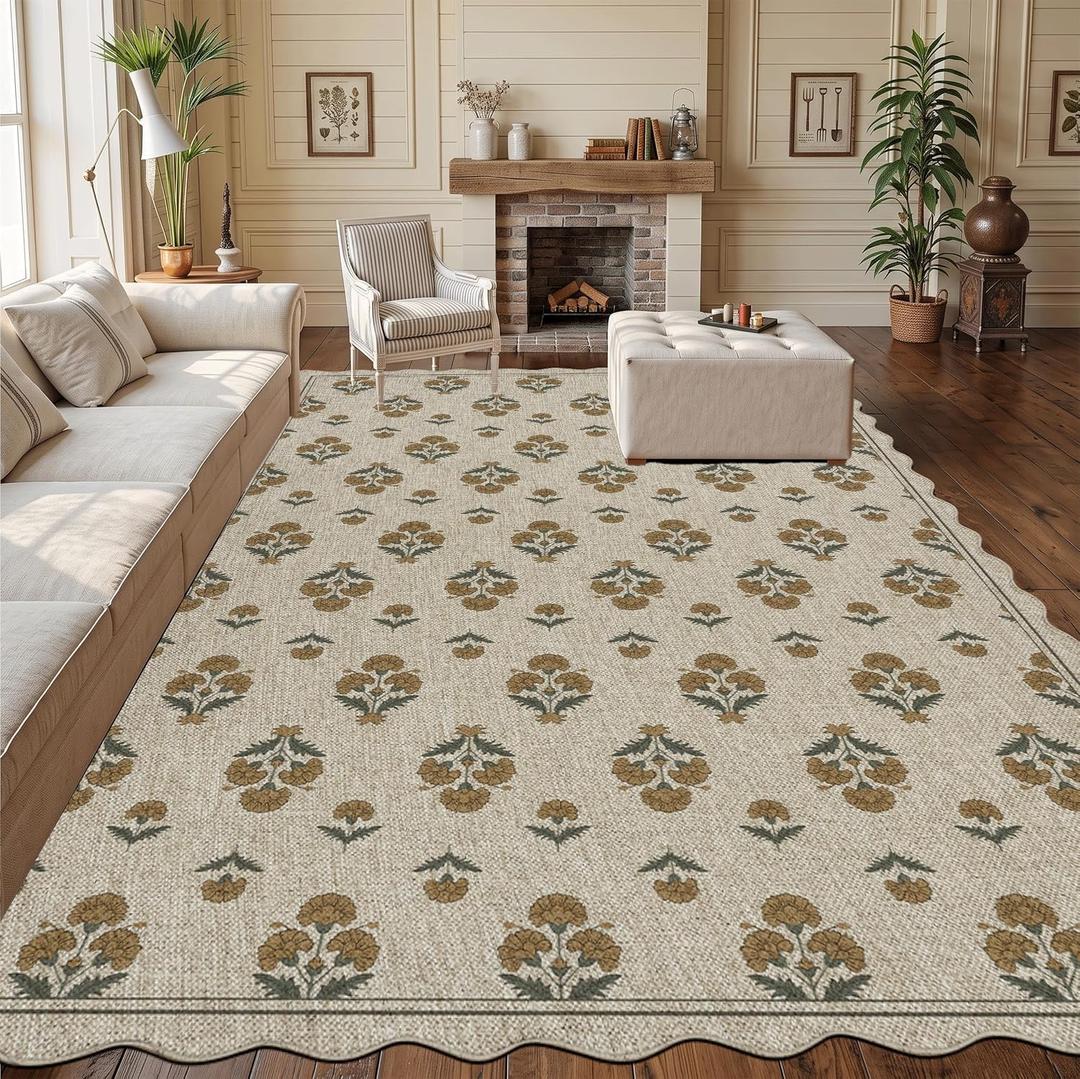 ORTIGIA Scalloped Easy Jute 8x10 Area Rug Vintage Yellow Block Floral