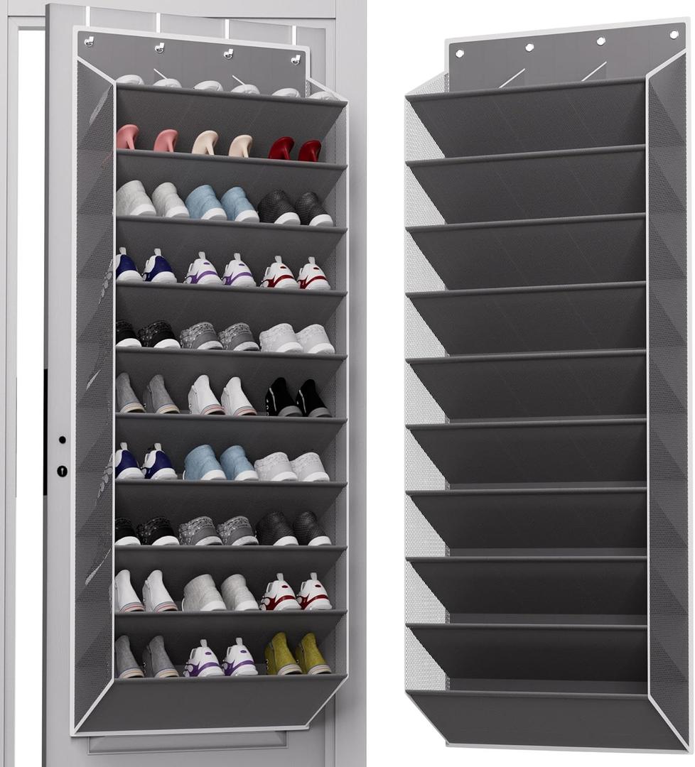 10-Tier Large Size Over The Door Shoe Organizer, Holds 30 Pairs Hanging Shoe Rack with Deep Pockets for Closet, Space-Saving Storage for Sneakers, Boots (Grey)
