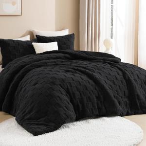 Litanika King Size Fluffy Comforter Set Black,3 Pieces Warm Sherpa Fleece Winter Bedding Set,Jacquard Checkered Plush Fuzzy Bed Set(1 Comforter, 2 Pillowcases)