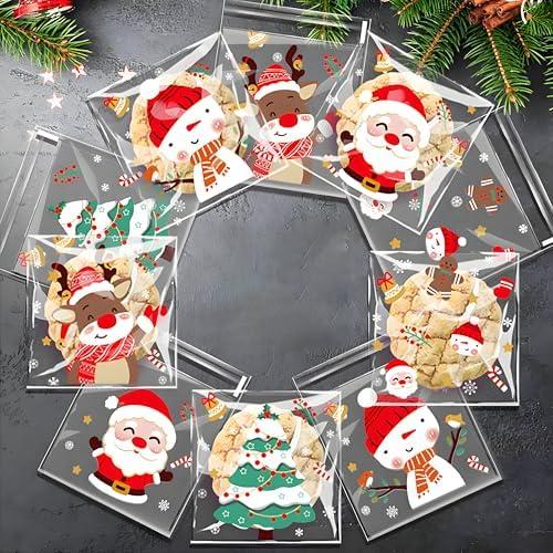 100Pcs Christmas Cellophane Treat Bags - Self Adhesive Clear Cookie Bags, Self Sealing Transparent Cello Candy Bags, Self-adhesive Plastic Goody Snacks Gift Bags for Christmas Party Favors