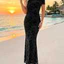 ZESICA Women's Summer Off Shoulder Floral Bodycon Maxi Dress 2026 Ruched Elegant Formal Cocktail Wedding Guest Long Dresses (Black, XL)