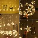 WATERGLIDE 138 LED Star Moon Curtain Decorative Lights, Window Curtain Fairy String Lights, Remote Control & USB Plug, 8 Lighting Modes for Home Holiday Ramadan Christmas Wedding Party, Warm White