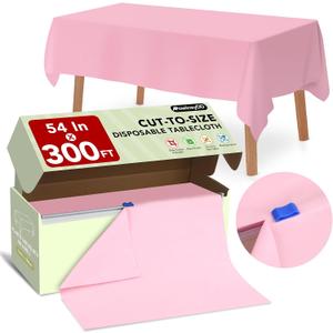 54 in X 300 FT Pink Plastic Table Cover Roll with Slide Cutter, Cuts Up to 36 Rectangle 8 Feet Disposable Plastic Table Cloths, Disposable Table Cover Roll for Dinning, Parties, BBQ, Wedding, Outdoor