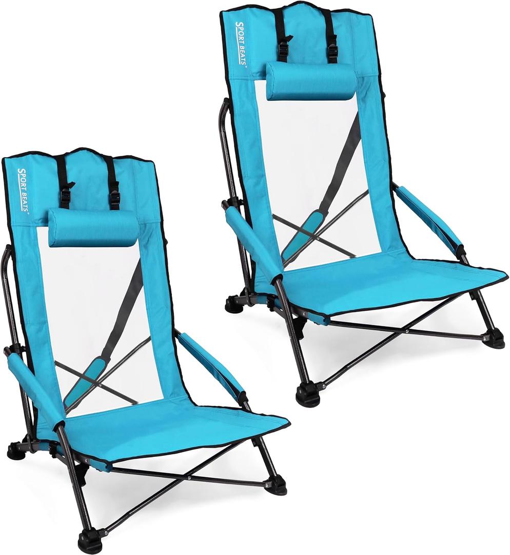 SPORT BEATS Low Beach Chairs Set of 2 Folding Beach Chairs High Back Support with Head Pillows Shoulder Straps (Teal)