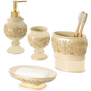 Creative Scents Shannon Beige Bathroom Accessories Set, 4-Piece Bathroom Set - Decorative Bathroom Accessory Set Features: Soap Dispenser, Toothbrush Holder, Tumbler and Soap Dish, Gift Packaged