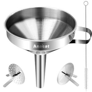 Anaeat 2 Pack Stainless Steel Kitchen Funnel Set, Multi-Use Premium Metal Food Grade Cooking Funnels with 2 Removable Strainer Filter for Transferring Liquid or Dry Ingredients & 1 Pc Cleaning Brush