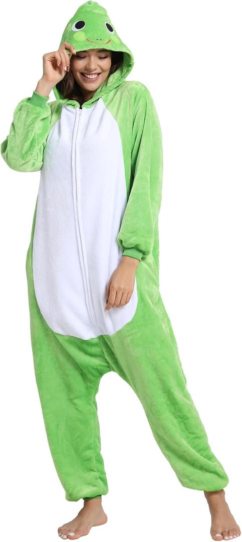 Unisex Adult Animal Onesie Pajamas, Men Women Flannel Halloween Cosplay Costume (XX-Large, Frog)