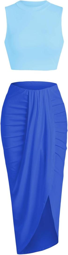 ZAFUL Women's Casual Sleeveless Summer Two Piece Outfits Crop Top and Side Split Draped Ruched Maxi Skirt Set Solid Suiting (Medium, B-mix Blue)