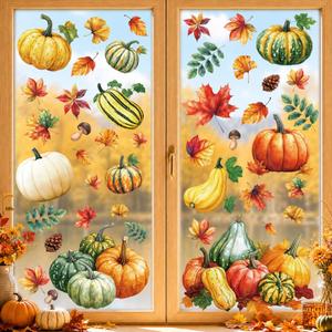 4 x 8 Sheets Fall Pumpkin Window Clings, Autumn Window Stickers Decorations, Large