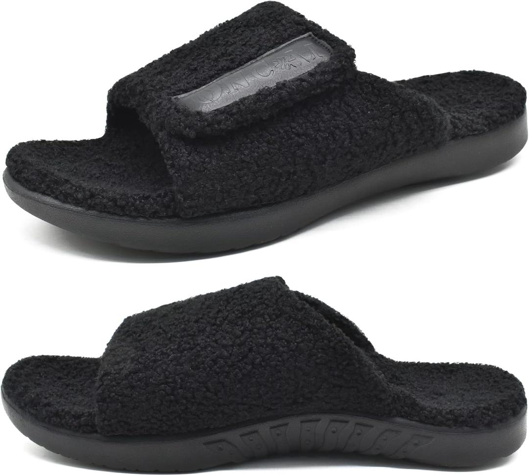 ONCAI Mens House Slippers with Arch Support，Fur Slides with Orthopedic for Plantar Fasciitis Footbed and Adjustable Strap Black, Size 15