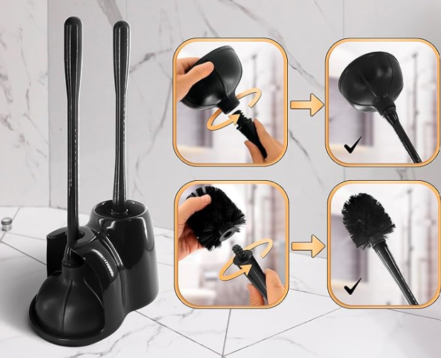 2-in-1 Black Toilet Brush and Plunger Set with Holder  Compact Bathroom Cleaning Combo, Strong Rubber Plunger & Stiff Bristle Brush, Space-Saving Stand, Fits Most Standard Toilets, 9.36.315.2 inch