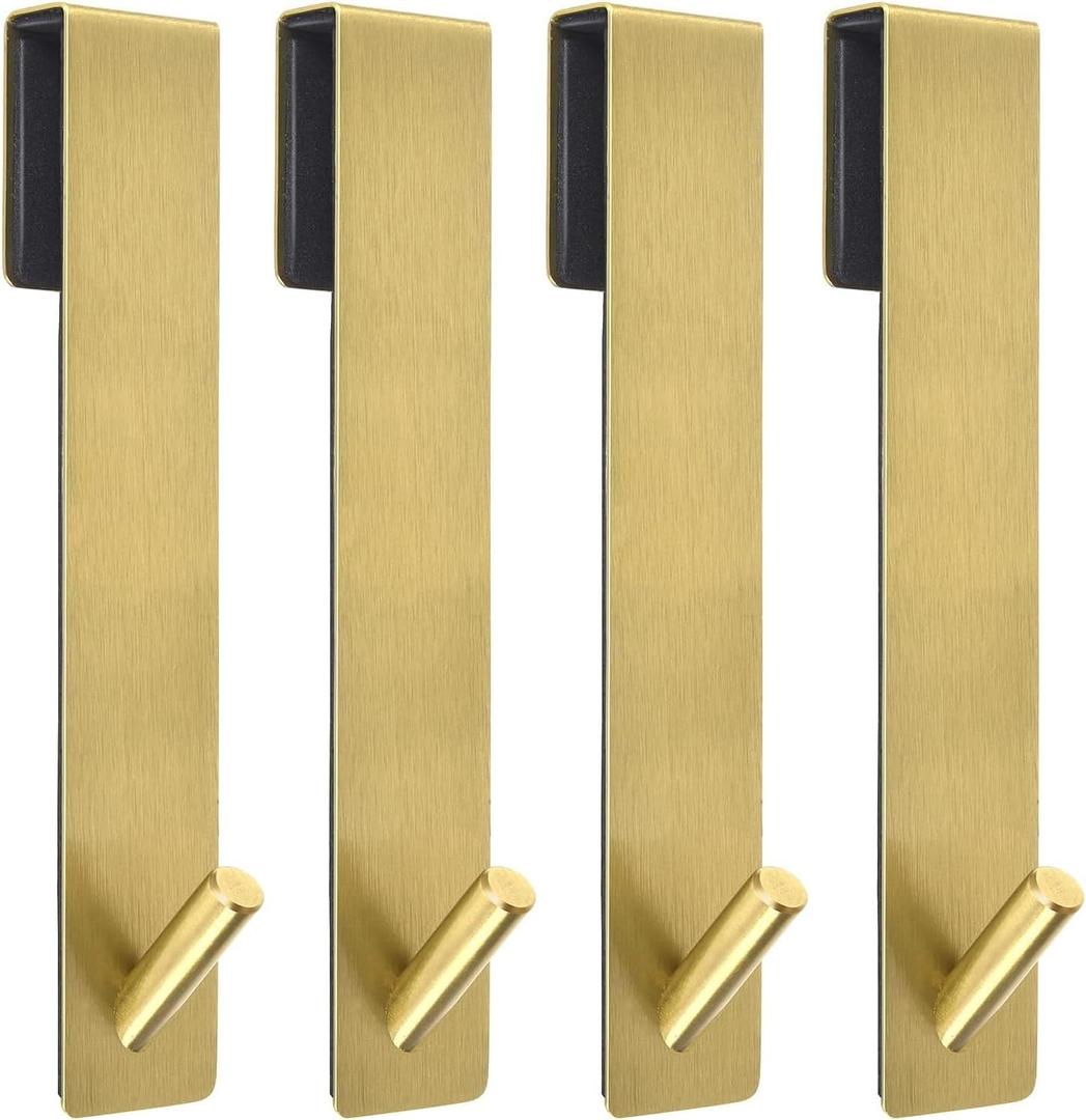 Shower Door Hooks (4 Pcs), 304 Stainless Steel, 7.5x1.18in, Gold, Frameless Glass Door Towel Storage, Lightweight, Heavy Duty, Rust Resistant, Removable, Non Slip