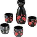 5PCS Hand Painted Japanese Sake Ceramic Set with White and Pink Flowers, Collection