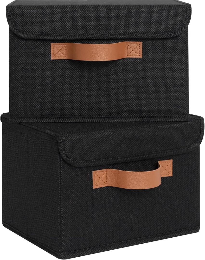 GRANNY SAYS Small Storage Bins with Lids, Small Storage Boxes, Shelf Baskets for Shelf, Collapsible Storage Bins for Living Room, Bedroom, 10x8x7 Inch, Black, 2-Pack