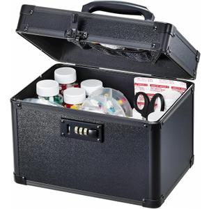 Lockable Security Storage Box - Shiny Black Safe Combination Lock Box, Cabinet Med Organizer, 10 x 7 x 9 Inches Safe Case for Documents, Valuables, Medicine & Money