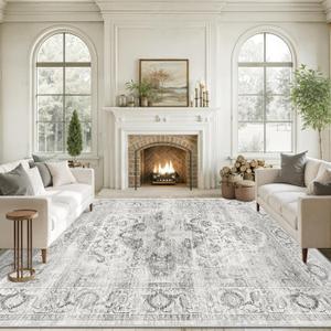 10x14 Area Rugs for Living Room, Machine Washable Non Slip Vintage Rug, Non-Slip Stain Resistant, Large Soft Home Decor Rug for Bedroom Dining Room (Ivory/Gray,10'x14')