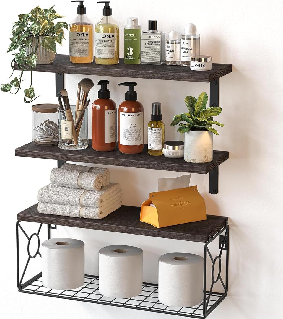 Amada Bathroom Shelves Over Toilet with Storage Basket, Floating Wall Shelf for Home Organization & Wall Decor, Bathroom/Kitchen/Living Room ShelvesRustic Brown | with Storage Basket, Wall Decor, Bathroom, Kitchen, Living Room (Dark Carbonized Brown)