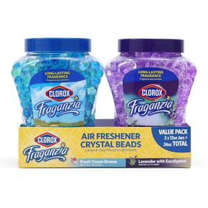 Clorox Fraganzia Crystal Beads Air Freshener Twin Pack, Fresh Ocean Breeze and Lavender with Eucalyptus Scents, Long Lasting Room Deodorizer Gel Beads, 12 Fl Oz Each - 2 Pack