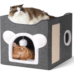 Cat Houses for Indoor Cats, Large Cat Cave with Fluffy Ball and Scratch Pad, Covered Cat Bed House, Foldable Cat Hideaway