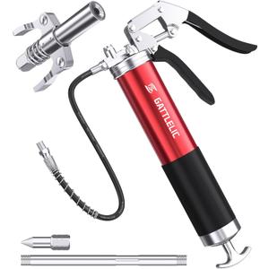 8000 PSI Heavy Duty Grease Gun Kit - 14oz with Flex Hose, Sharp Nozzle, Extension Pipe & Coupler, Red