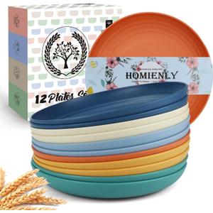 Homienly Wheat Straw Plates, 12-Pieces Unbreakable Dinner Plates - 9 Inch Alternative to Plastic Plates, Unbreakable Microwave and Dishwasher Safe Plate Set for Kitchen, Camping, Party - Multi