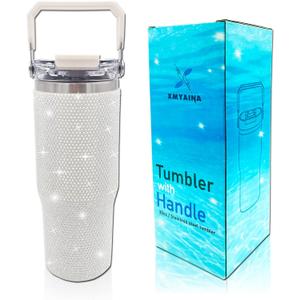 30oz Bling Rhinestone Studded Tumbler with Top Handle and Leakproof Lid Vacuum Insulated Stainless Steel Glitter Crystal Water Bottle with Flip Straw Reusable Cup Outdoors Travel Mugs (Milky)
