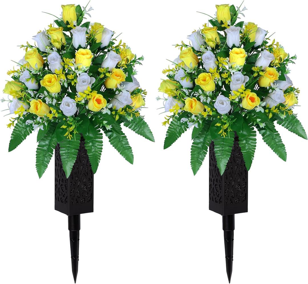 Artificial Cemetery Flowers, Gravesite Decoration Roses, Memorial Bouquets with Cemetery Vase, Vibrant and Long-Lasting Colors (Yellow+White, 2 Bundles)