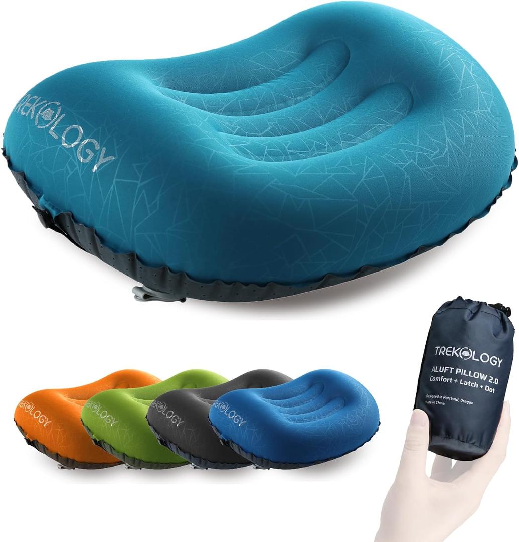 TREKOLOGY Ultralight Inflatable Camping Travel Pillow - ALUFT 2.0 Compressible, Compact, Comfortable, Ergonomic Inflating Pillows for Neck & Lumbar Support While Camp, Hiking, Backpacking (Teal Blue)