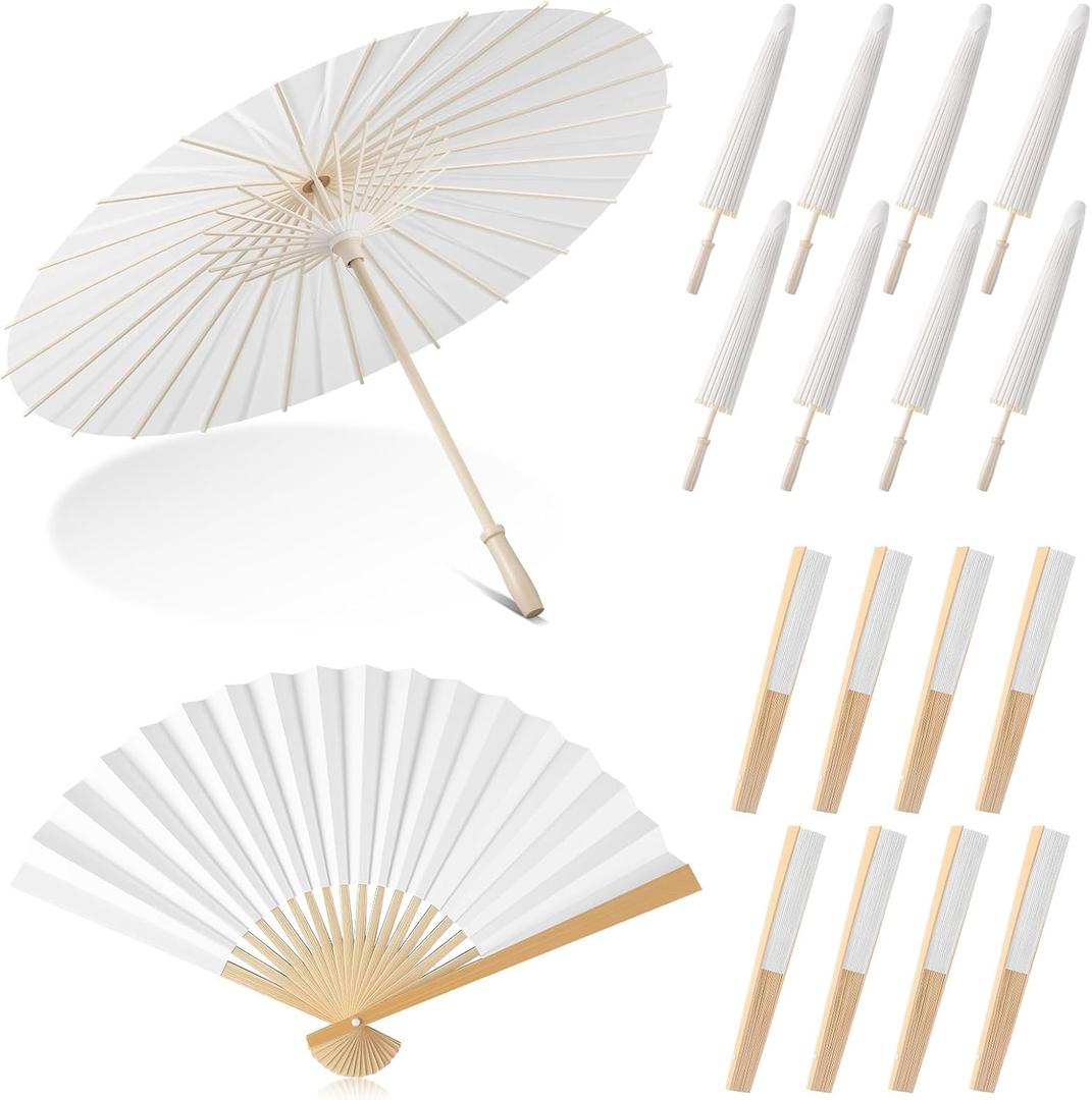 16Pcs Wedding Paper Parasol Umbrella with Fans, Bamboo Parasol for Bridal Shower Garden Party Decor