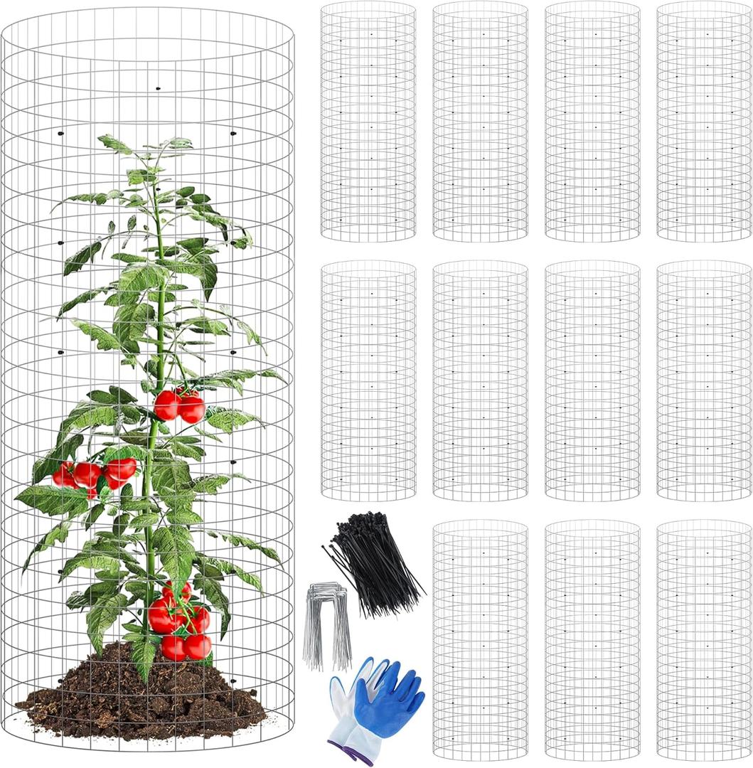 winemana 12 Set Garden Plant Protector Cage,36 Pcs 24x12 IN Metal Wire Protectors for Plants, Protection Cages with Stakes Nylon Ties Animals Barrier to Keep Rabbit Chicken Away from Flower Vegetables (Silver)