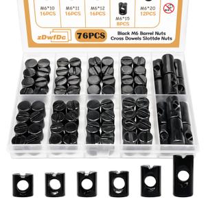 76PCS Black Metric M6 Barrel Nuts M6 x 10mm/11mm/12mm/13mm/15mm/20mm Cross Dowels Slotted Nut Kit DD027-b