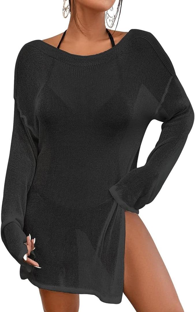 Bsubseach Crochet Cover Ups for Women Bathing Suit Cover Up Dress Mesh Beach Top (Medium, Black)