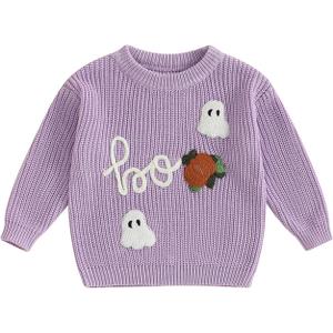FOMOYUU Baby Girl Boy Knit Sweater Halloween Outfit Embroidery Warm Crewneck Long Sleeve Tops Fall Winter Clothes (2-3T, Purple)